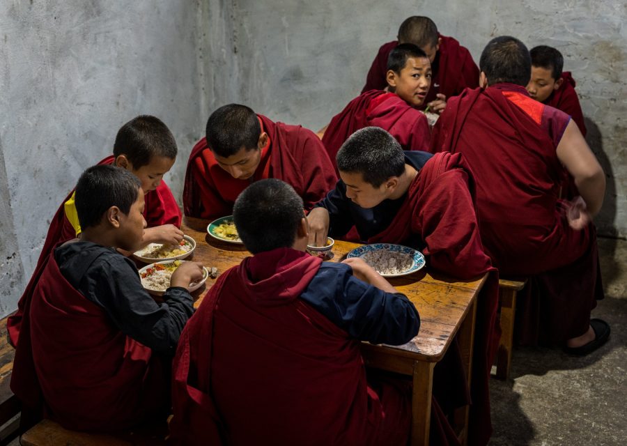 Monks in Bhutan having a meal